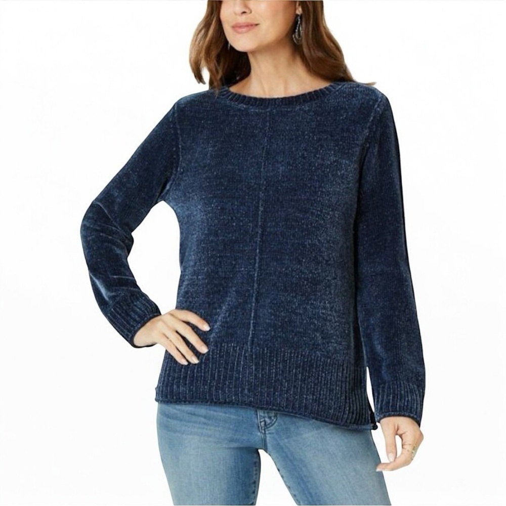 Style & Co. Dark Blue Crew Neck Velvet Sweater Women’s Size XS